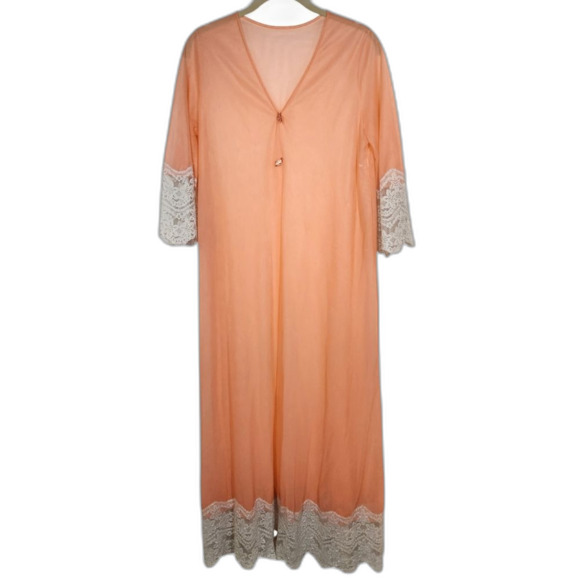 Vintage 60s 70s Robe Duster Flowy Glam BOHO Bell Sleeve Sheer Lace Coral Peach S - Picture 9 of 16